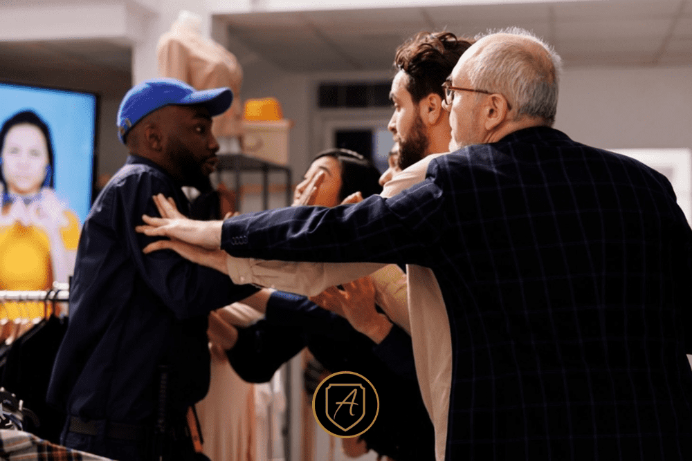 Security professional calmly de-escalating a workplace confrontation during a busy environment, supported by Alexios Security Solutions