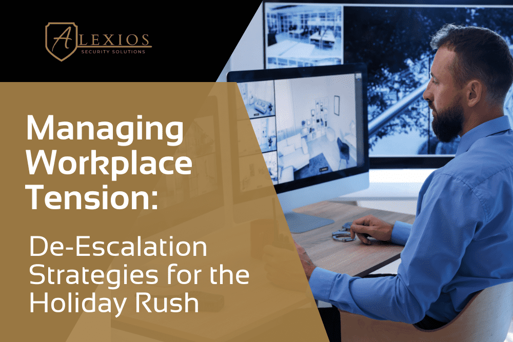 Security professional reviewing surveillance monitors for workplace safety planning during peak season by Alexios Security Solutions