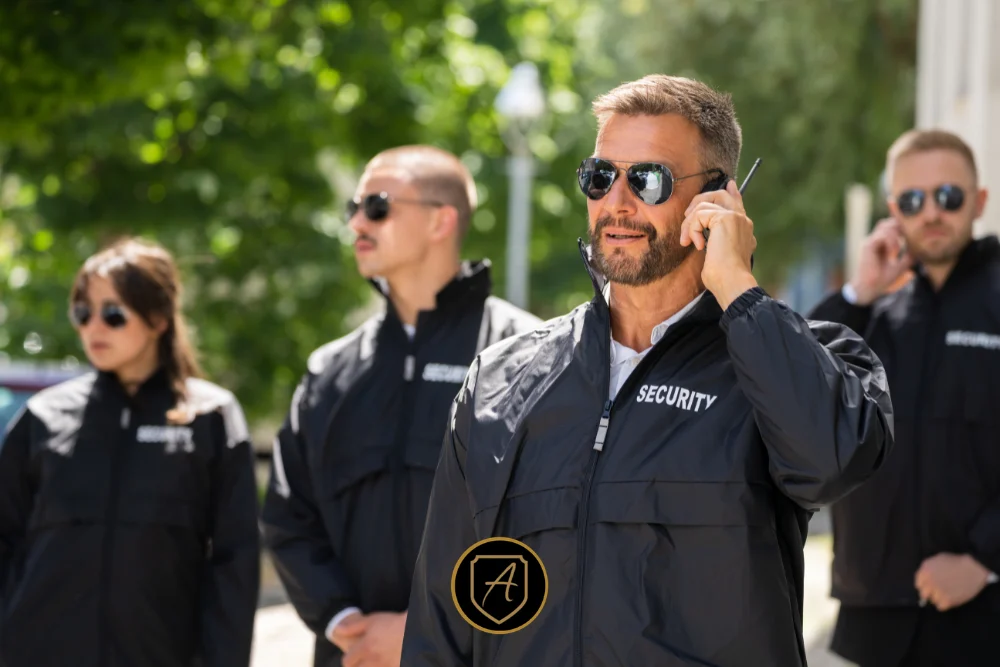 Professional private security detail coordinating safety and emergency response