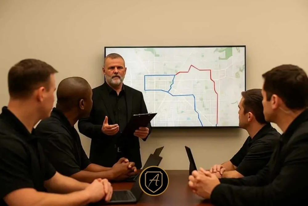 Illustrative protective operations briefing with a route map