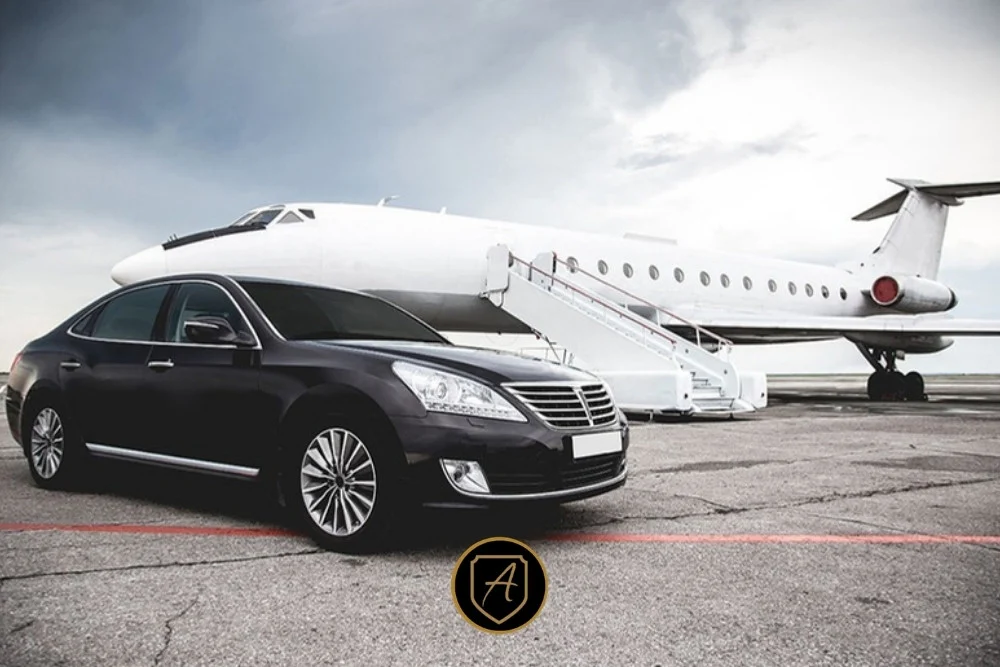Executive vehicle positioned beside a private aircraft for airport transfer