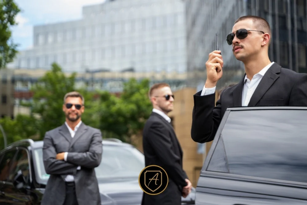 Illustrative executive protection team communicating beside a vehicle